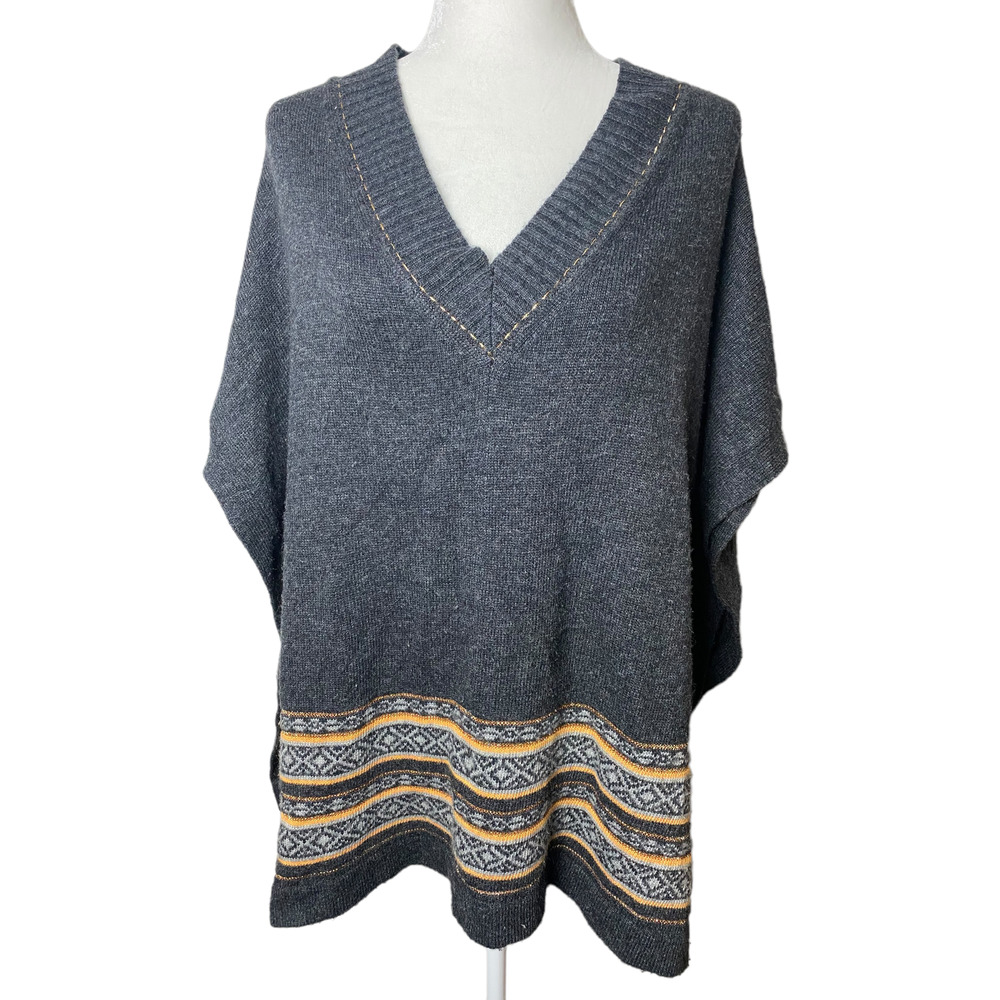 Collection Costa Blanca V Neck Button Poncho Cape Tunic Square Sleeve Medium